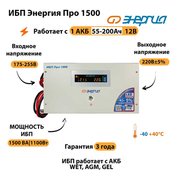 Энергия ИБП Про 1500 12В - ИБП и АКБ - ИБП для котлов - Магазин электрооборудования Проф-Электрик